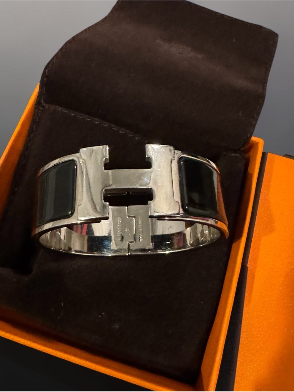 Hermes Silver-Tone Cuff Bracelet with Black Enamel Panels
